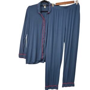 Lake Brand Men's Pajama Set Size Medium Long Sleeve Button Up Navy Blue